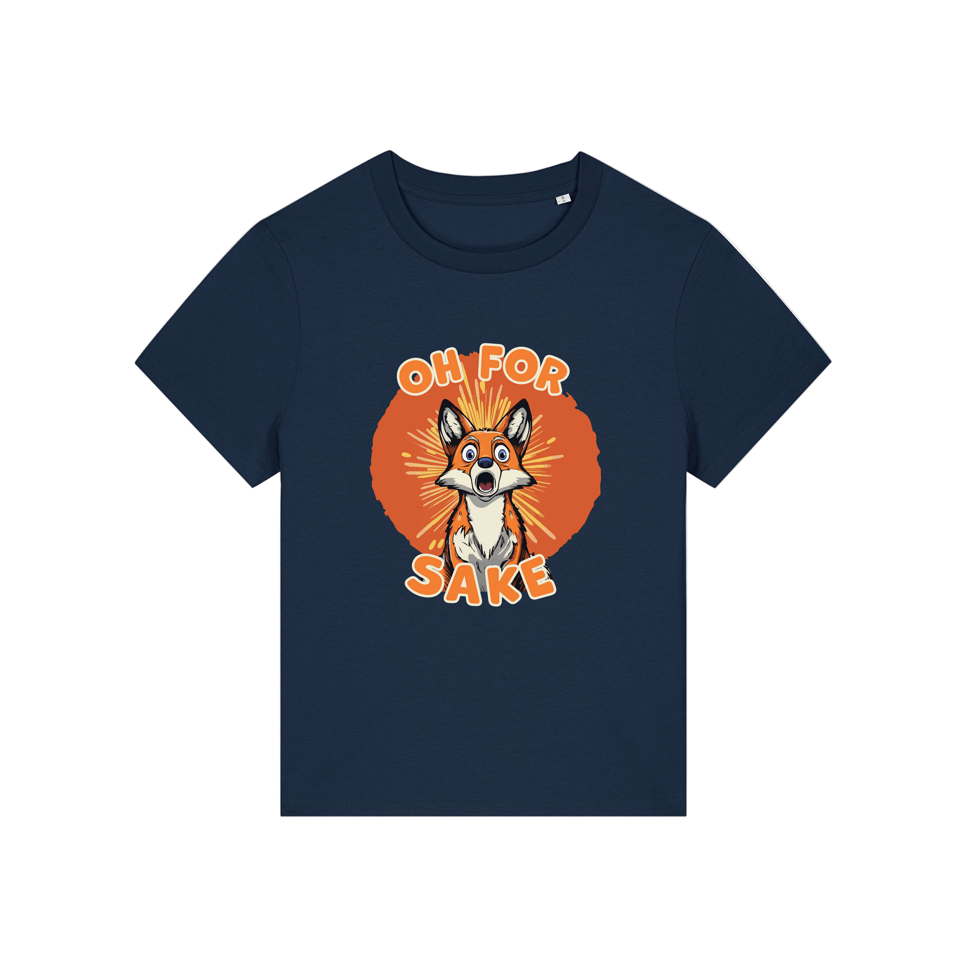 navy funny animal t-shirt with the graphic of a fox and the slogan 'oh for fox sake'