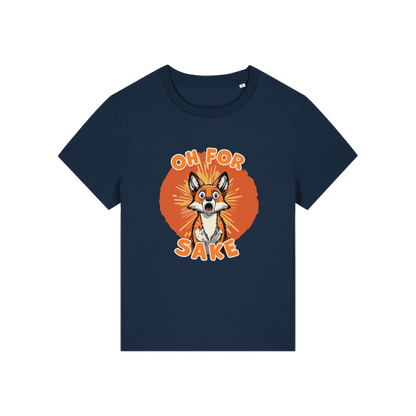 navy funny animal t-shirt with the graphic of a fox and the slogan 'oh for fox sake'