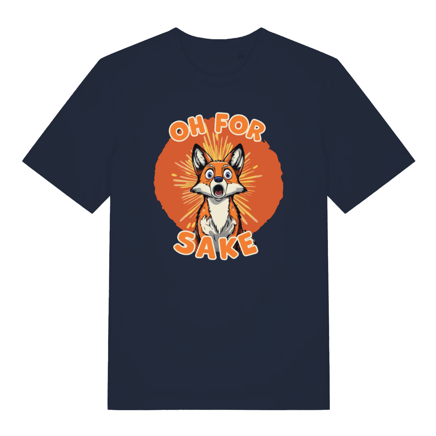 navy women's funny animal t-shirt with the graphic of a fox and the slogan 'oh for fox sake'