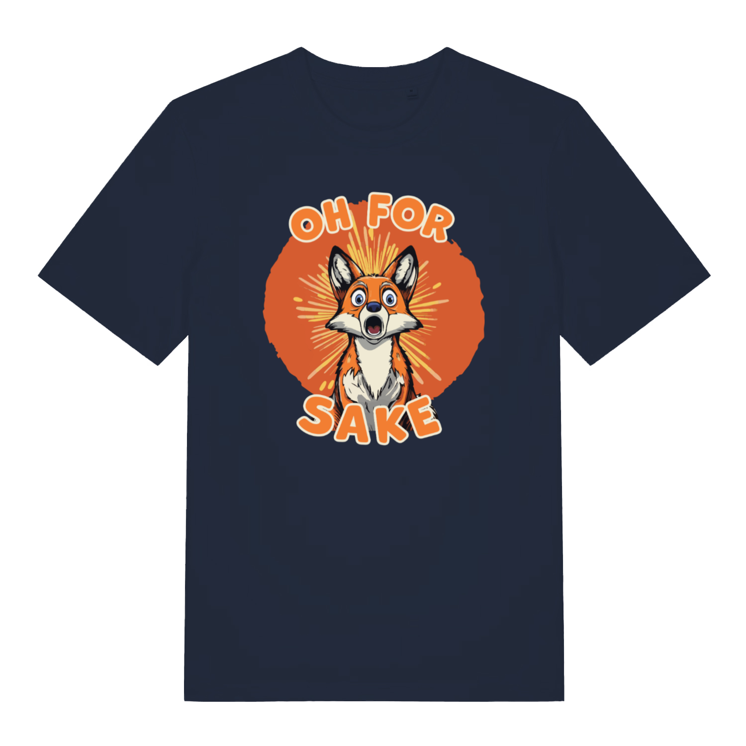 navy women's funny animal t-shirt with the graphic of a fox and the slogan 'oh for fox sake'
