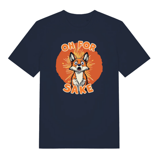 navy women's funny animal t-shirt with the graphic of a fox and the slogan 'oh for fox sake'