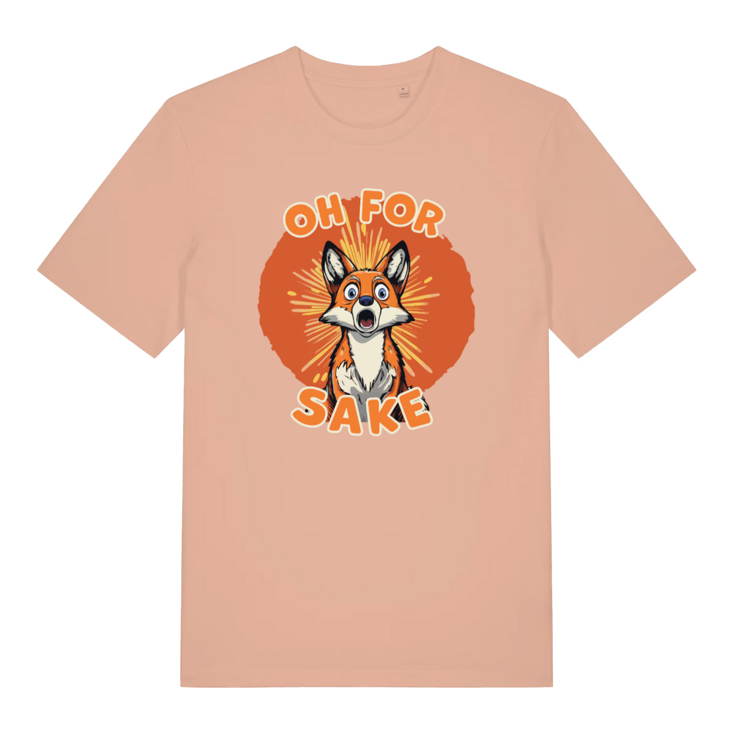 peach women's funny animal t-shirt with the graphic of a fox and the slogan 'oh for fox sake'