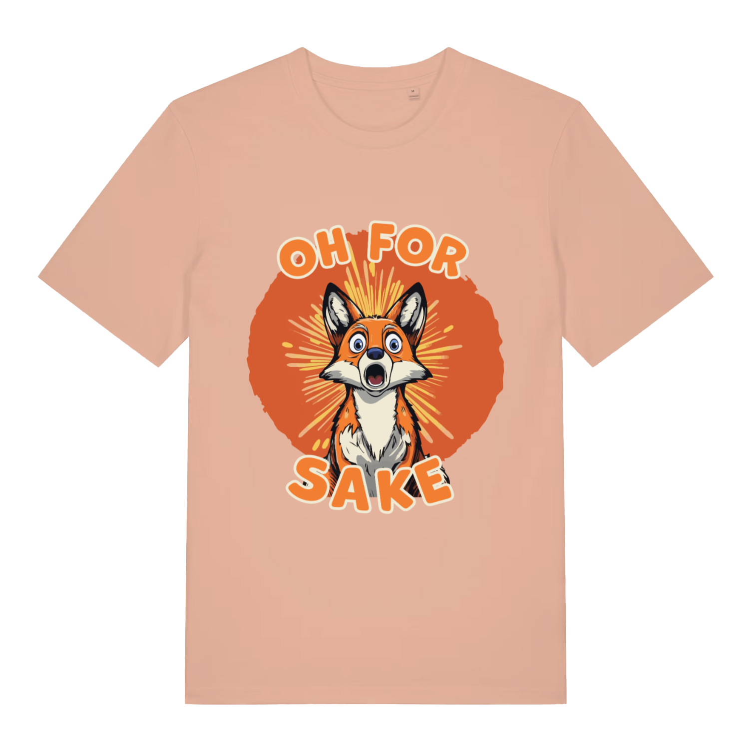 Peach women's Oh For Fox Sake T-shirt flat lay with adorable fox wide eyes artwork