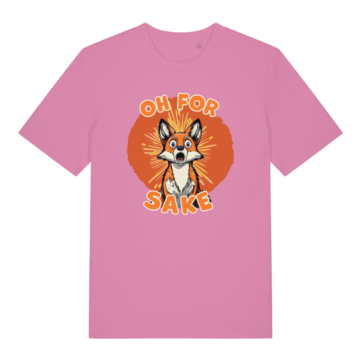 pink women's funny animal t-shirt with the graphic of a fox and the slogan 'oh for fox sake'