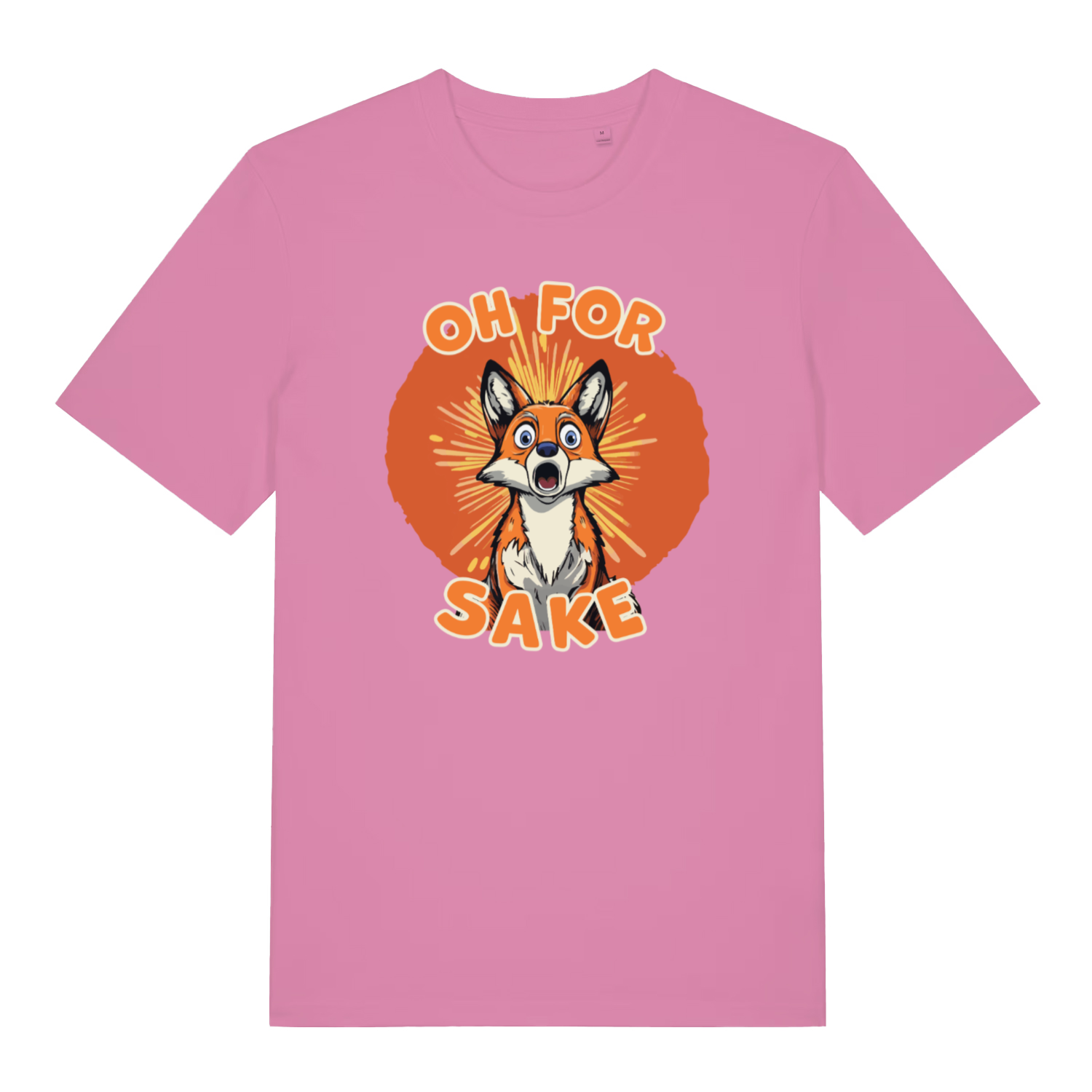 pink women's funny animal t-shirt with the graphic of a fox and the slogan 'oh for fox sake'