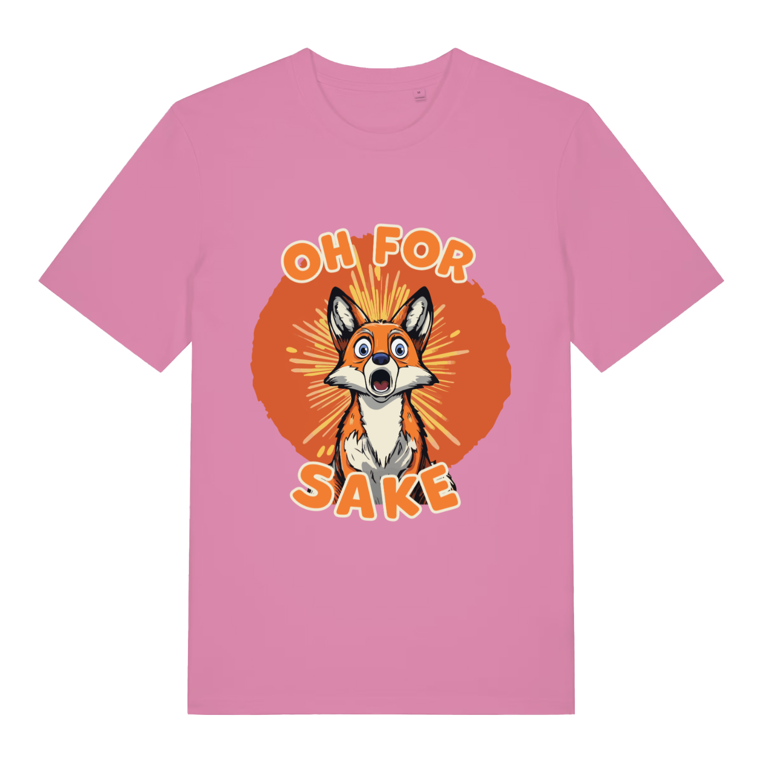 Pink women's Oh For Fox Sake T-shirt flat lay with adorable fox wide eyes artwork