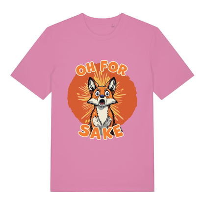 Pink women's Oh For Fox Sake T-shirt flat lay with adorable fox wide eyes artwork