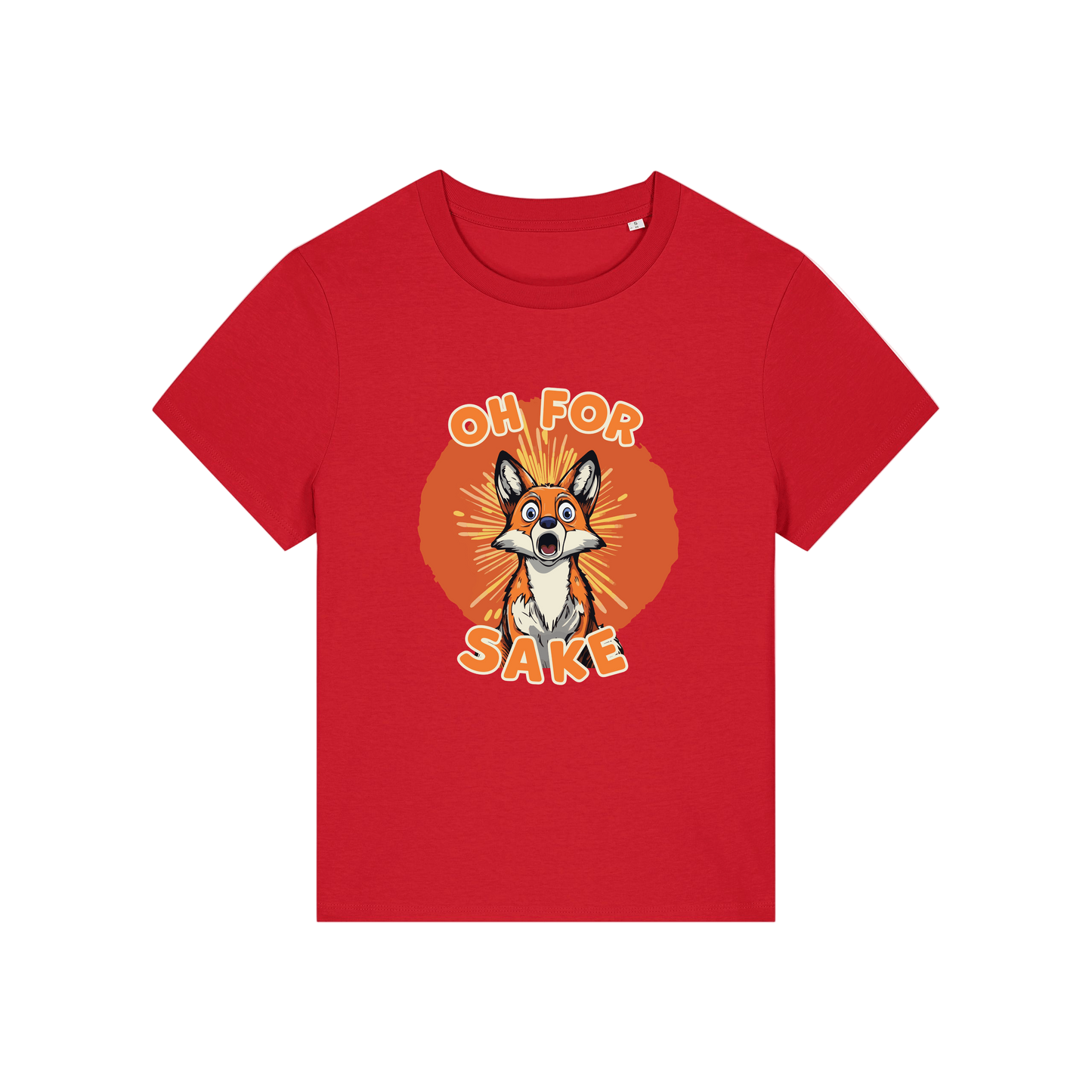 red funny animal t-shirt with the graphic of a fox and the slogan 'oh for fox sake'
