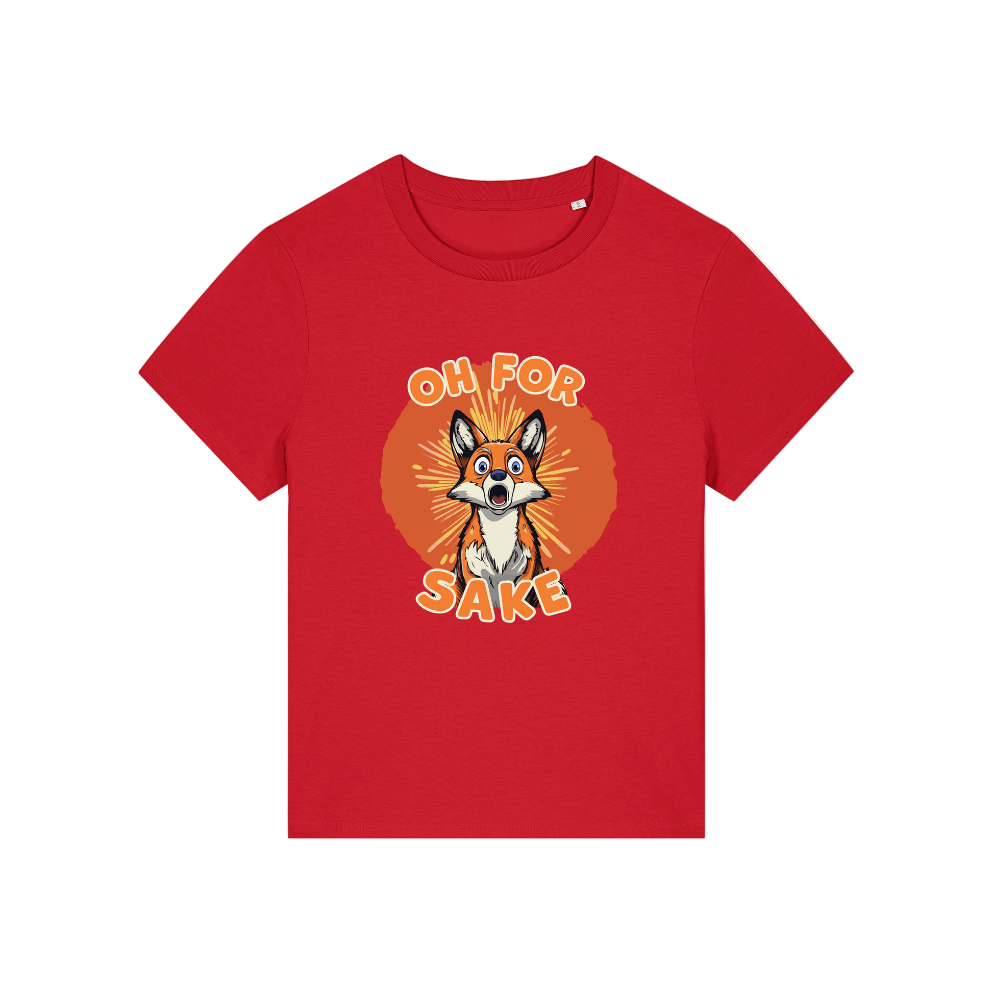 red funny animal t-shirt with the graphic of a fox and the slogan 'oh for fox sake'