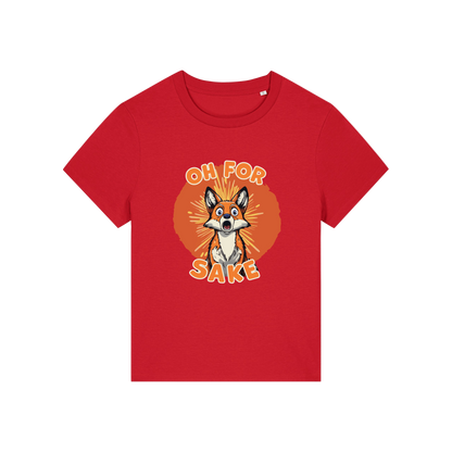 red funny animal t-shirt with the graphic of a fox and the slogan 'oh for fox sake'