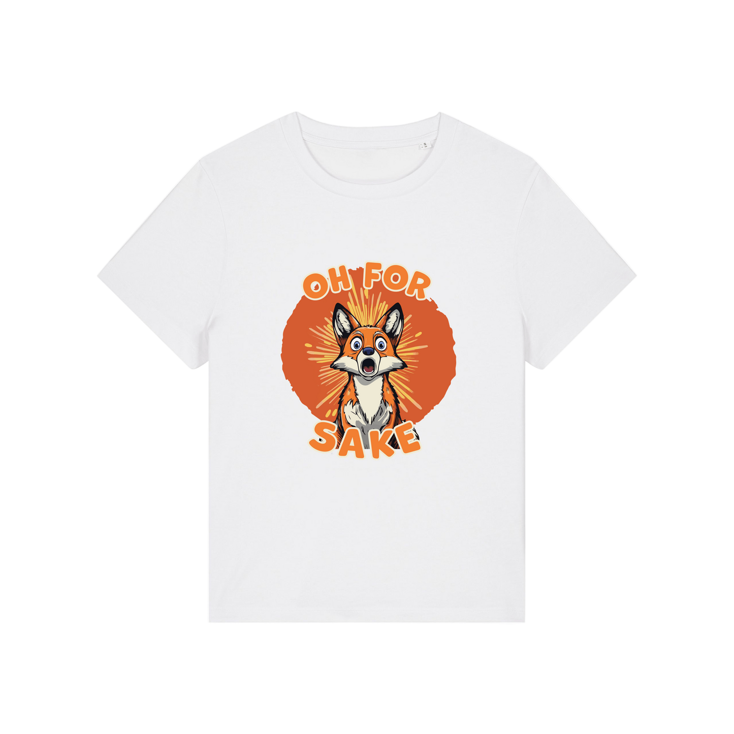 white funny animal t-shirt with the graphic of a fox and the slogan 'oh for fox sake'