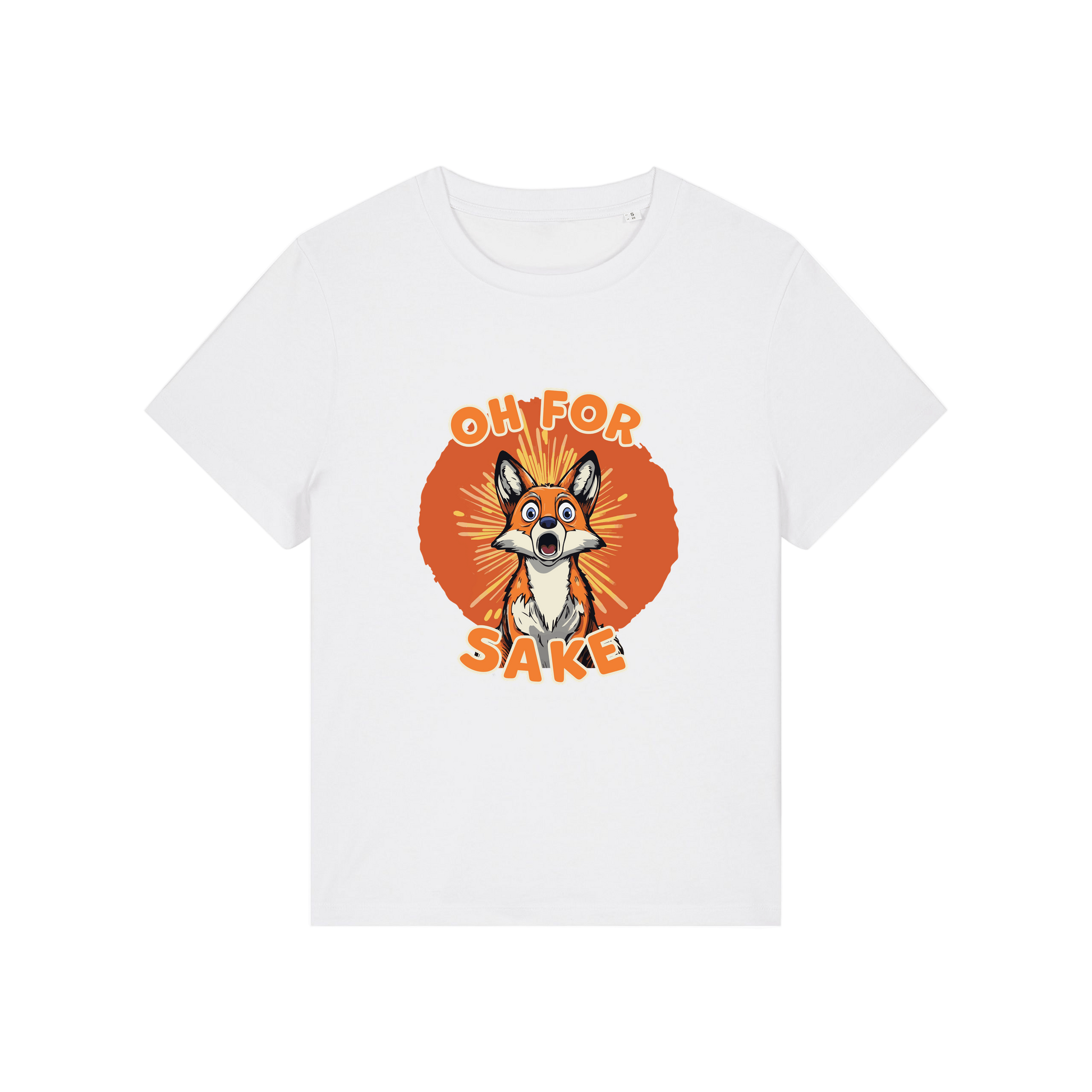 white funny animal t-shirt with the graphic of a fox and the slogan 'oh for fox sake'