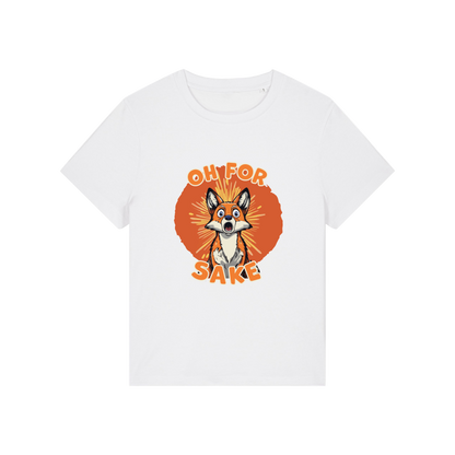 white funny animal t-shirt with the graphic of a fox and the slogan 'oh for fox sake'