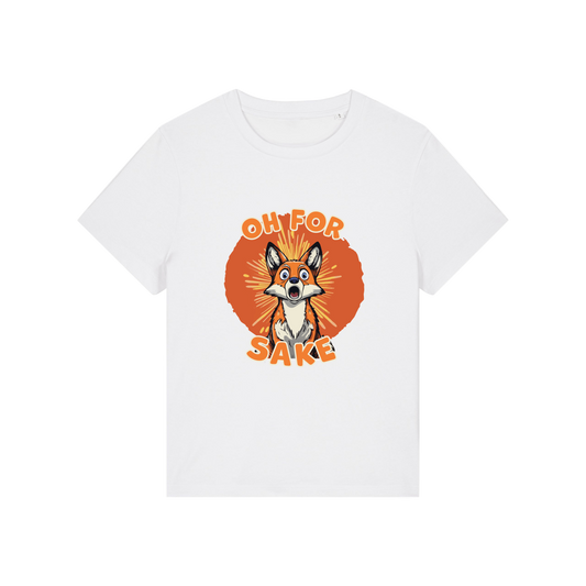 white funny animal t-shirt with the graphic of a fox and the slogan 'oh for fox sake'