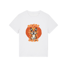 white funny animal t-shirt with the graphic of a fox and the slogan 'oh for fox sake'