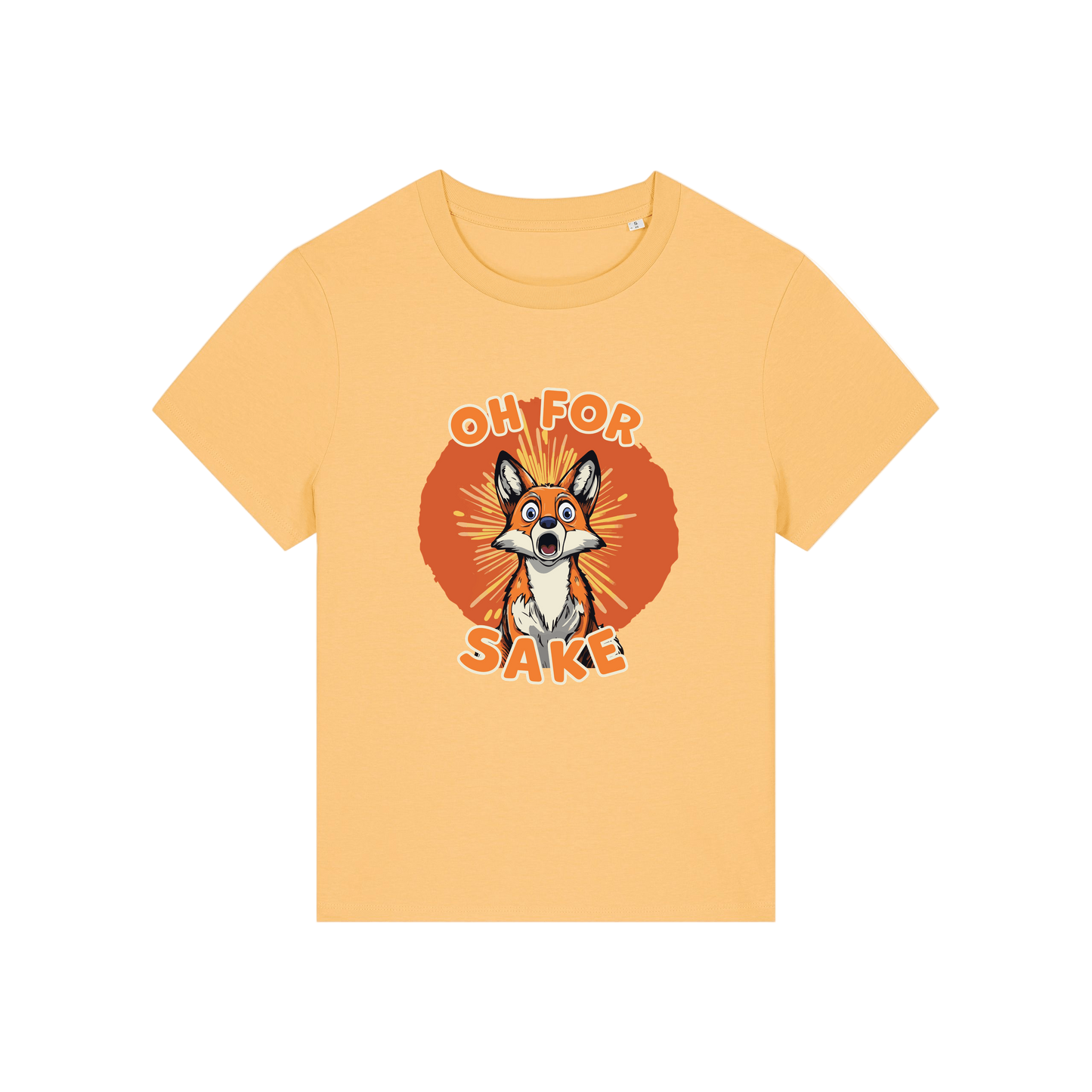 yellow funny animal t-shirt with the graphic of a fox and the slogan 'oh for fox sake'