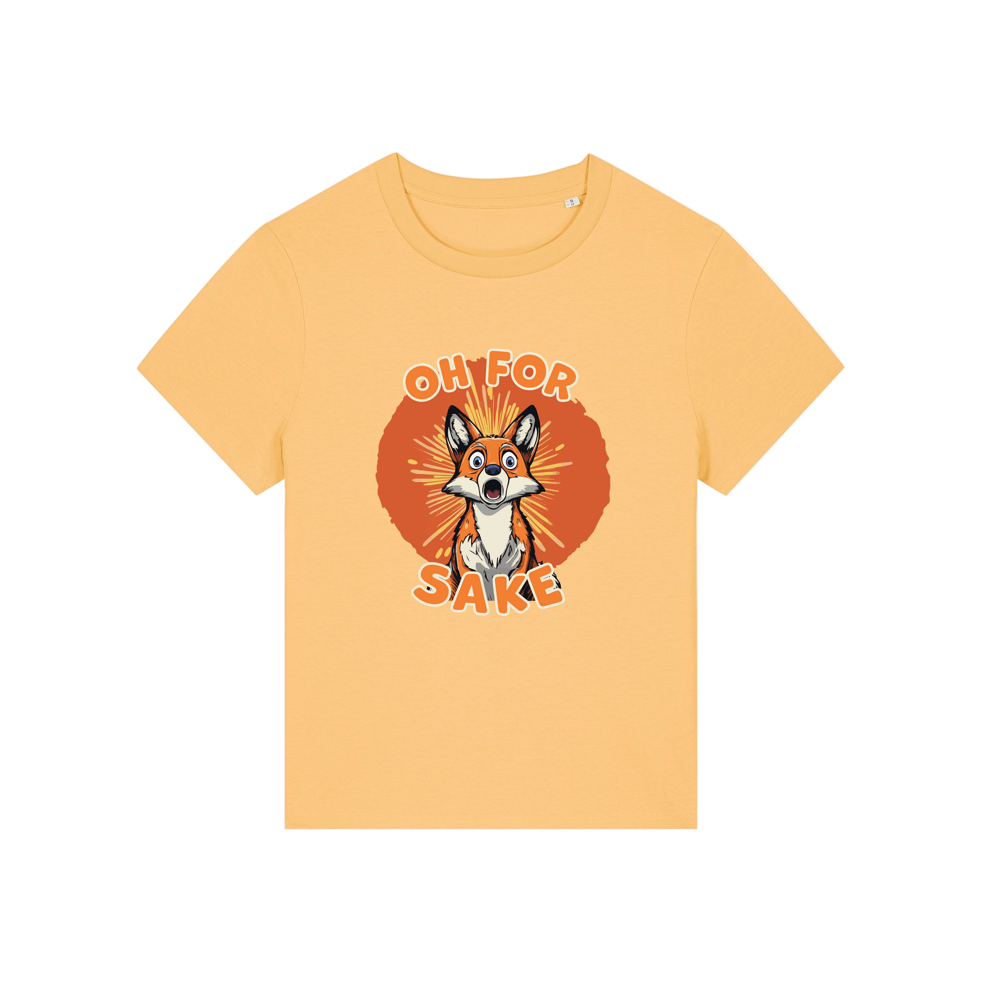 yellow funny animal t-shirt with the graphic of a fox and the slogan 'oh for fox sake'