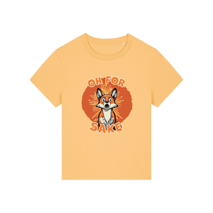 yellow funny animal t-shirt with the graphic of a fox and the slogan 'oh for fox sake'