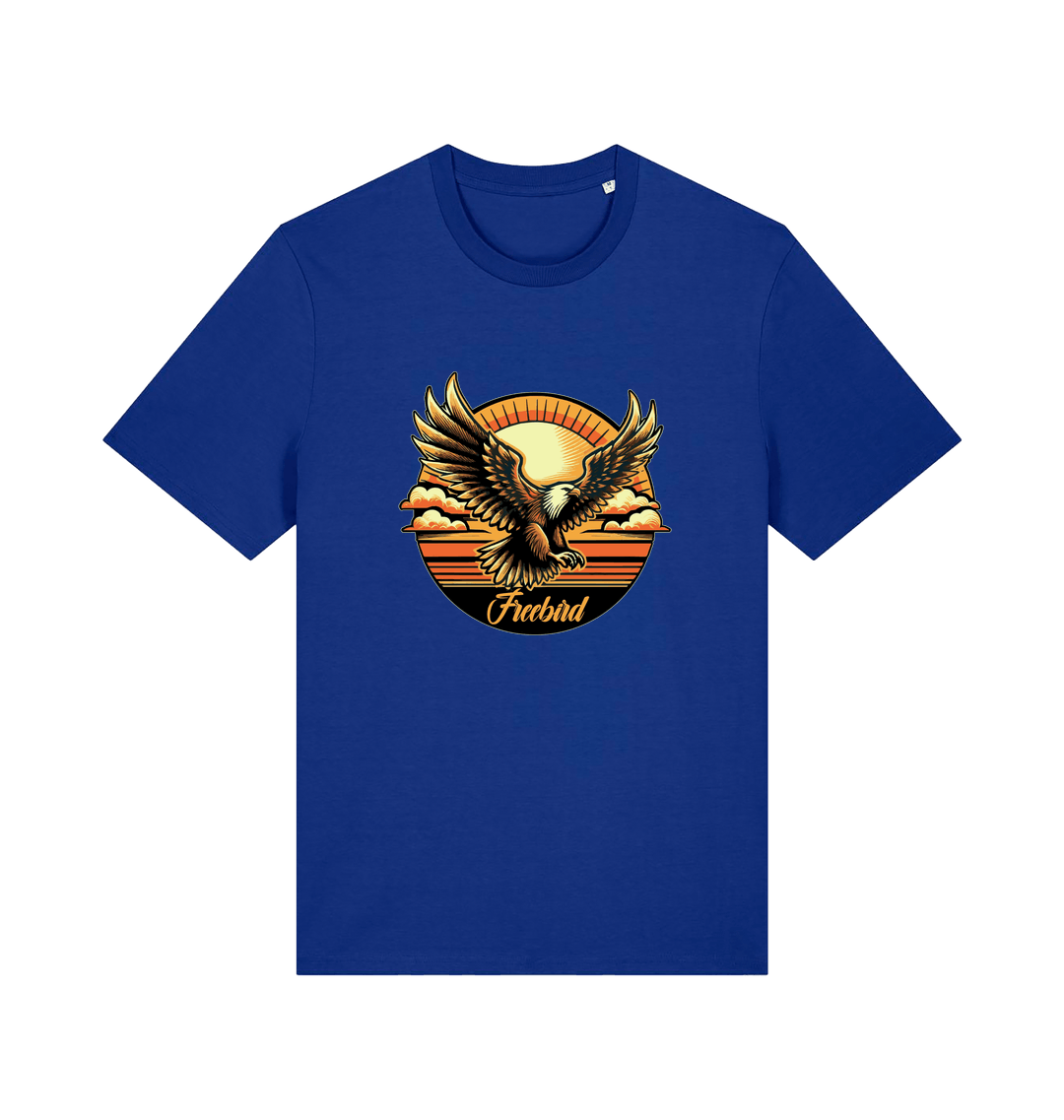 blue music t-shirt with the graphic of an eagle and the slogan 'free bird'