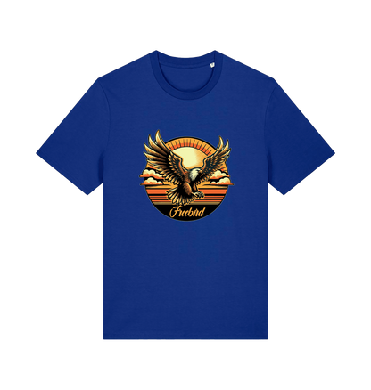 blue music t-shirt with the graphic of an eagle and the slogan 'free bird'