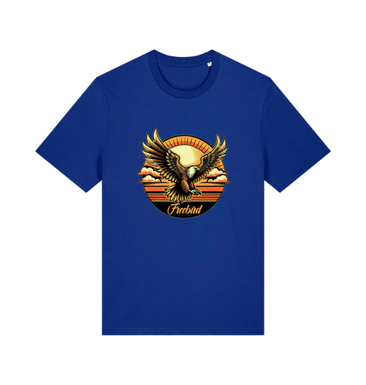 blue music t-shirt with the graphic of an eagle and the slogan 'free bird'