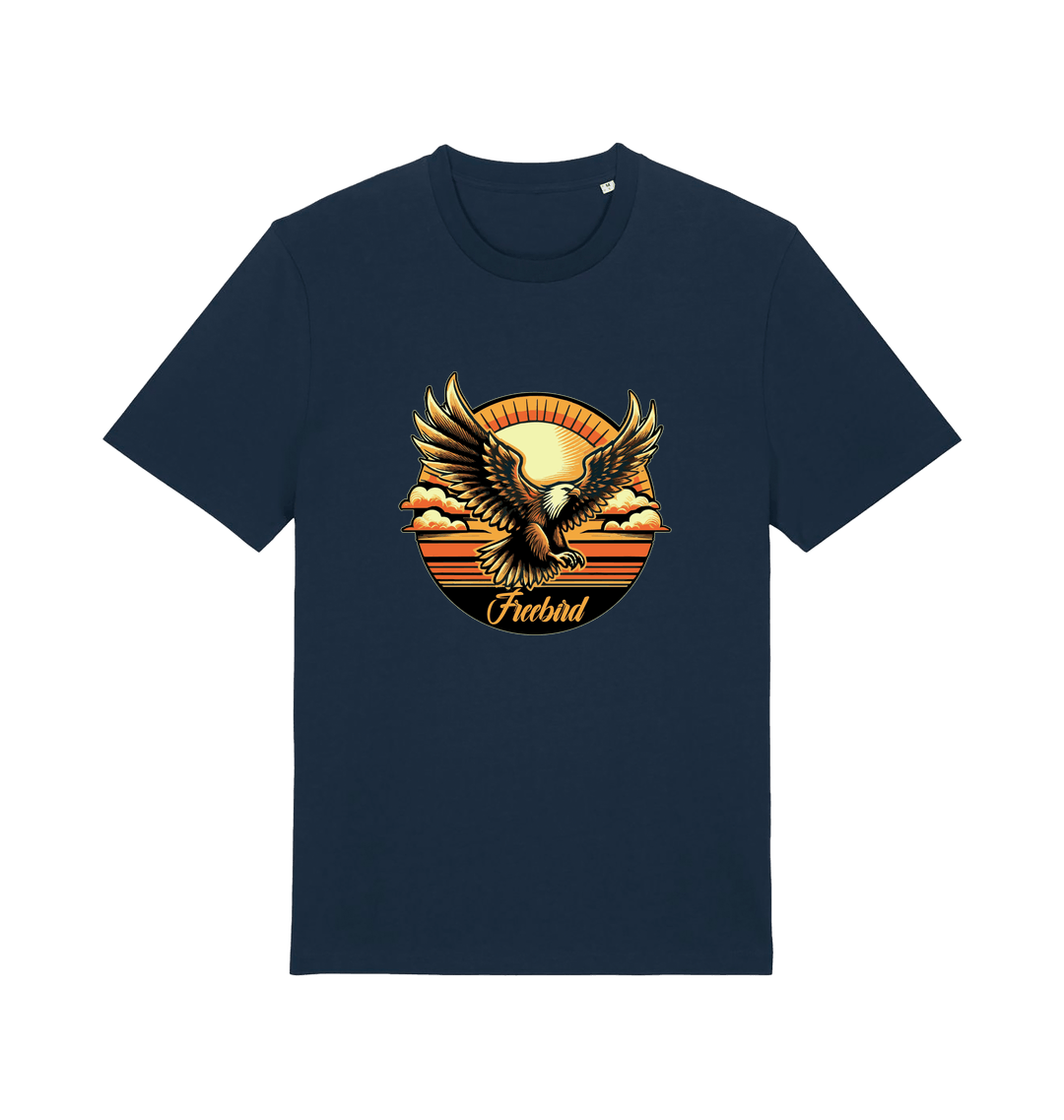 navy music t-shirt with the graphic of an eagle and the slogan 'free bird'
