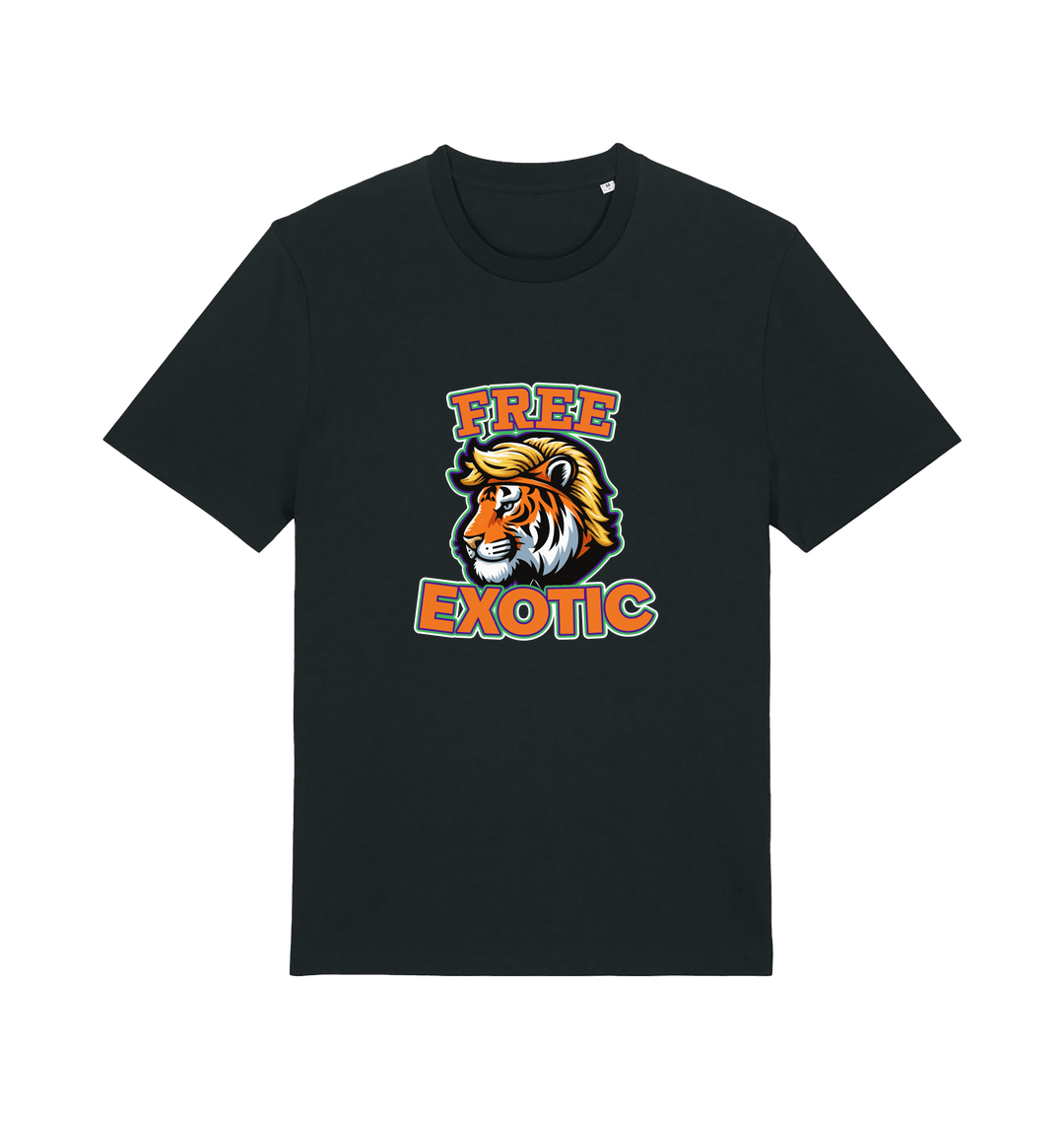 Black animal t-shirt with a tiger graphic and the slogan 'Free Exotic' 