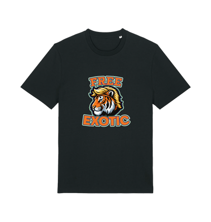 Black animal t-shirt with a tiger graphic and the slogan 'Free Exotic' 