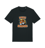 Black animal t-shirt with a tiger graphic and the slogan 'Free Exotic' 