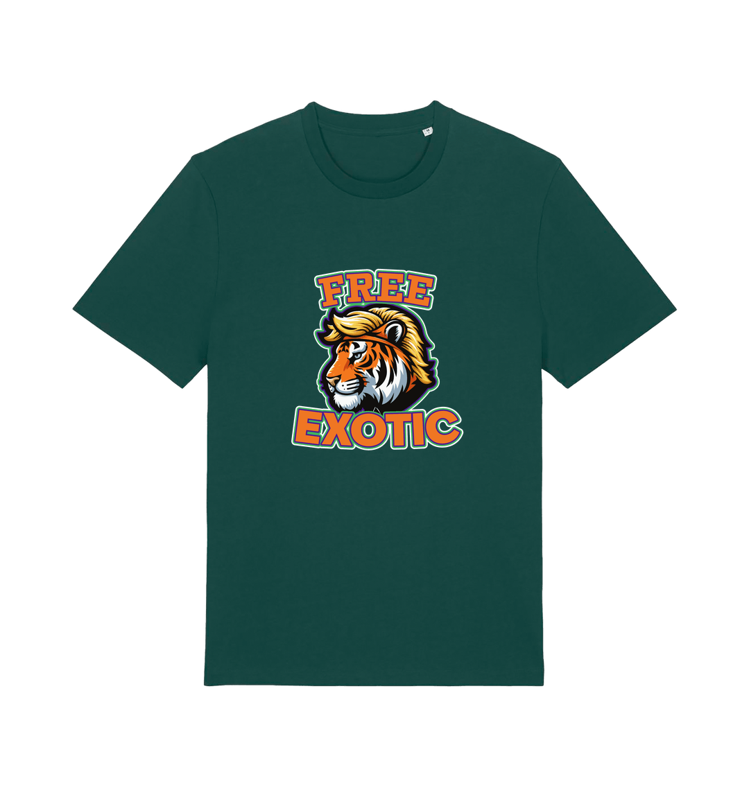 green animal t-shirt with a tiger graphic and the slogan 'Free Exotic' 