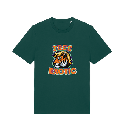 green animal t-shirt with a tiger graphic and the slogan 'Free Exotic' 