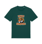 green animal t-shirt with a tiger graphic and the slogan 'Free Exotic' 