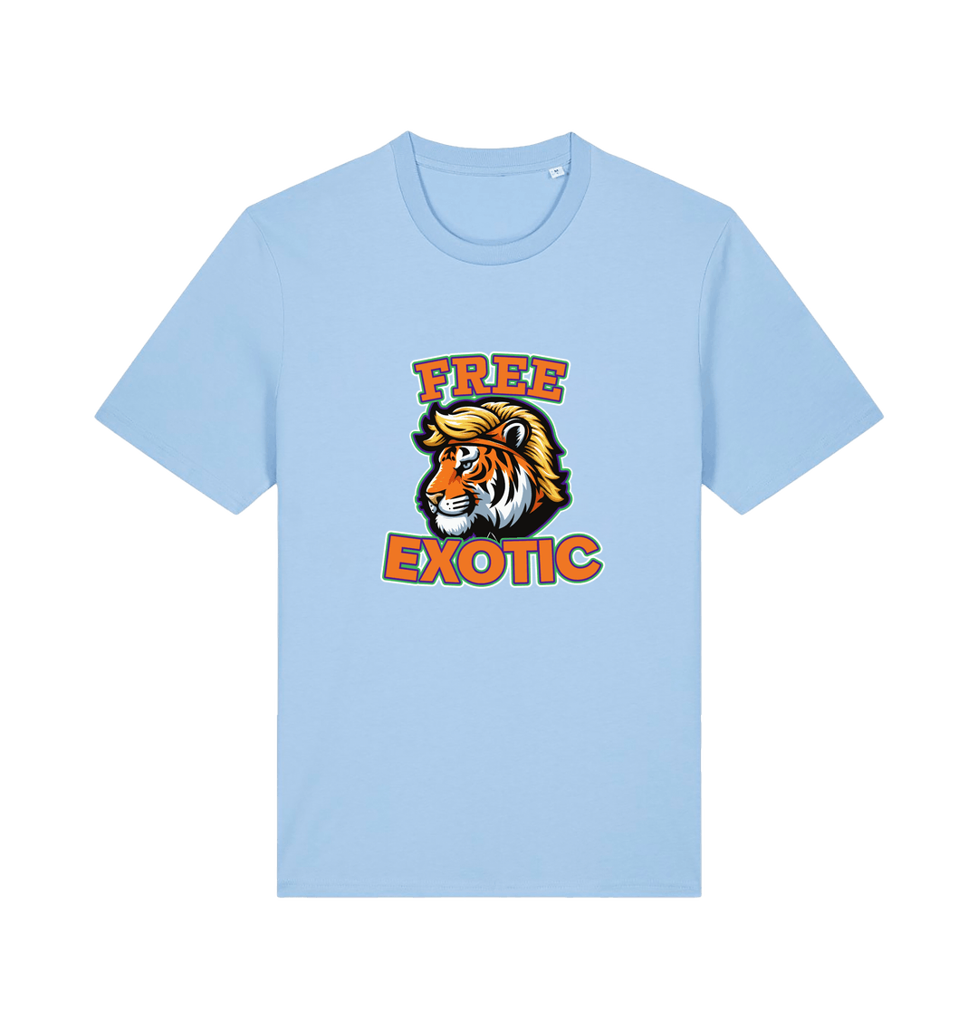 light blue animal t-shirt with a tiger graphic and the slogan 'Free Exotic' 