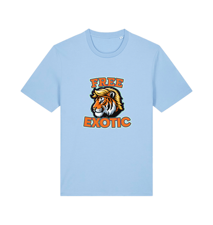 light blue animal t-shirt with a tiger graphic and the slogan 'Free Exotic' 