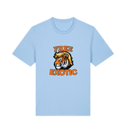 light blue animal t-shirt with a tiger graphic and the slogan 'Free Exotic' 