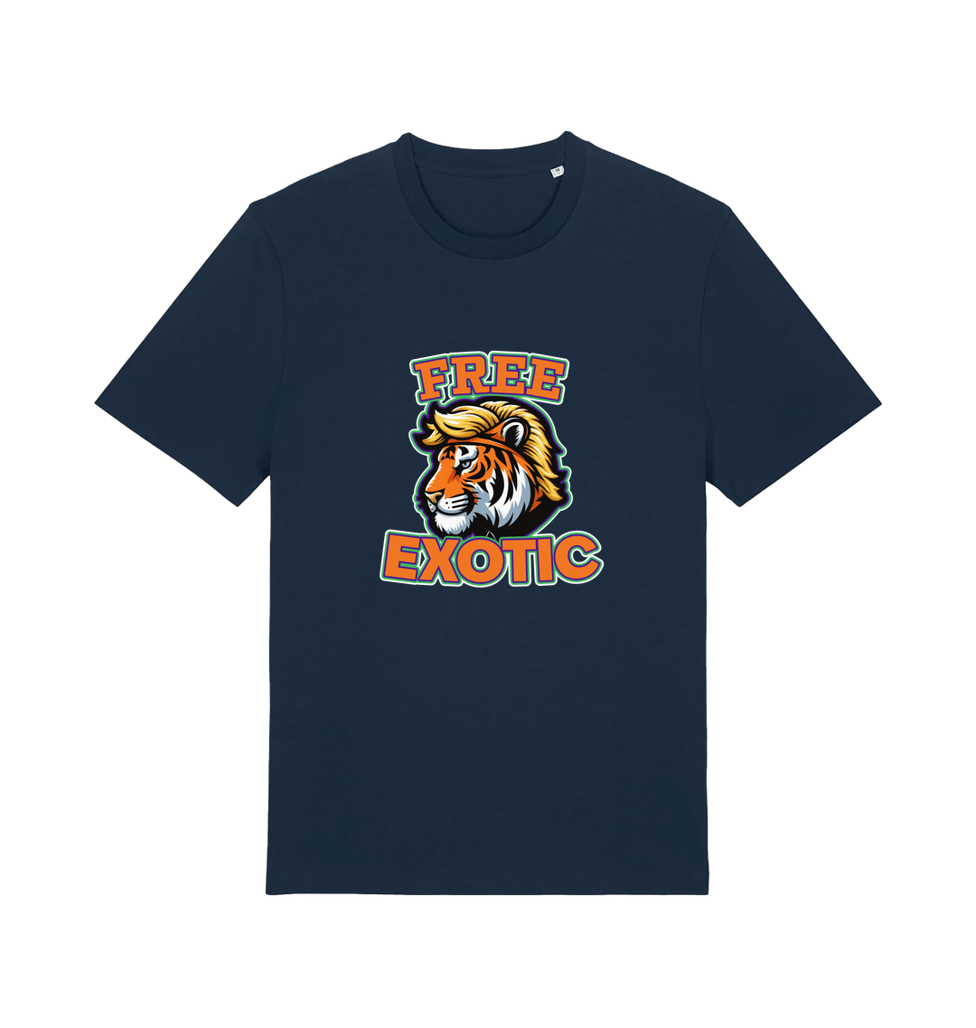 navy animal t-shirt with a tiger graphic and the slogan 'Free Exotic' 