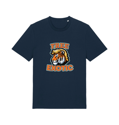 navy animal t-shirt with a tiger graphic and the slogan 'Free Exotic' 
