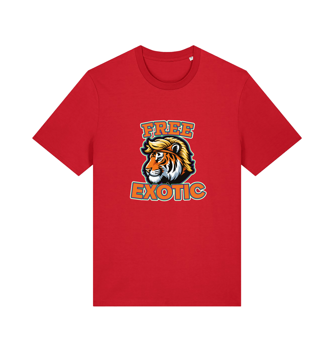 red animal t-shirt with a tiger graphic and the slogan 'Free Exotic' 
