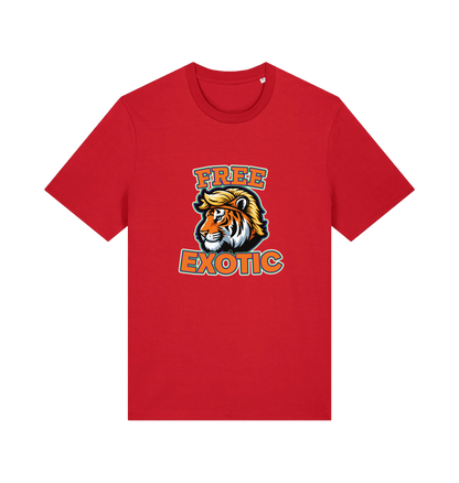 red animal t-shirt with a tiger graphic and the slogan 'Free Exotic' 
