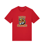 red animal t-shirt with a tiger graphic and the slogan 'Free Exotic' 