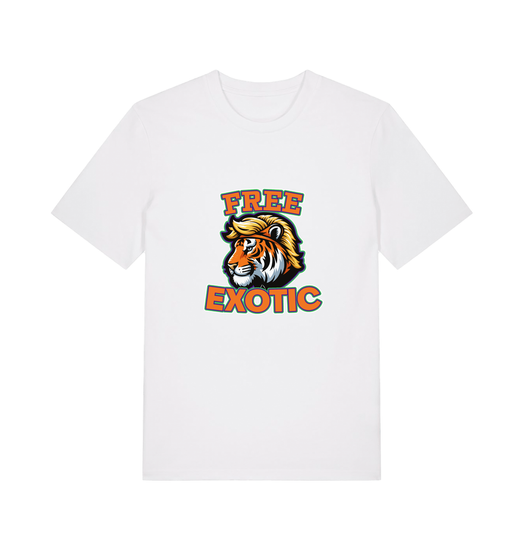 white animal t-shirt with a tiger graphic and the slogan 'Free Exotic' 