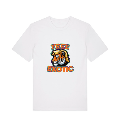 white animal t-shirt with a tiger graphic and the slogan 'Free Exotic' 