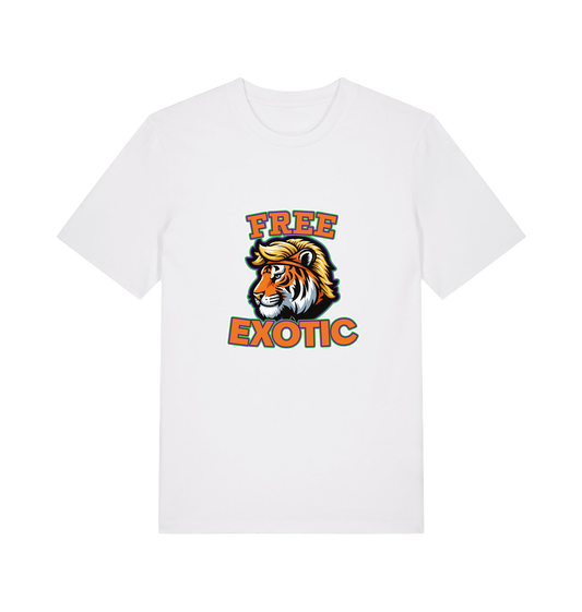 white animal t-shirt with a tiger graphic and the slogan 'Free Exotic' 