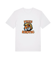 white animal t-shirt with a tiger graphic and the slogan 'Free Exotic' 