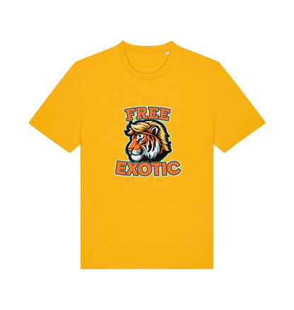 yellow animal t-shirt with a tiger graphic and the slogan 'Free Exotic' 