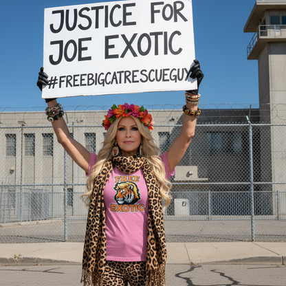 Person holding a sign that reads 'Justice for Joe Exotic' in front of a prison building.