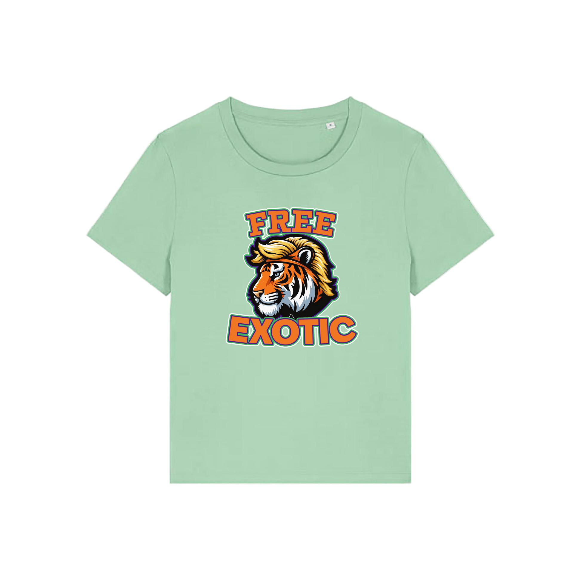 green animal t-shirt with a tiger graphic and 'Free Exotic' text 