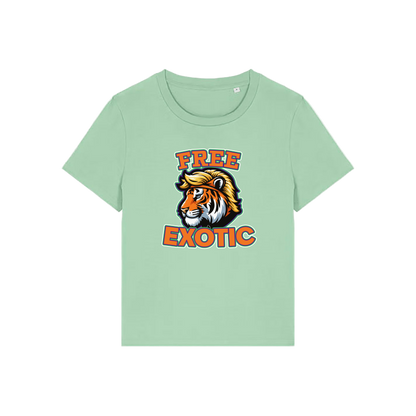 green animal t-shirt with a tiger graphic and 'Free Exotic' text 