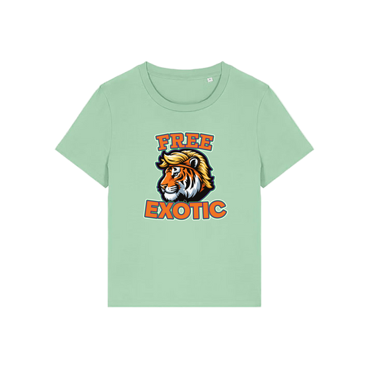 green animal t-shirt with a tiger graphic and 'Free Exotic' text 