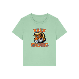 green animal t-shirt with a tiger graphic and 'Free Exotic' text 